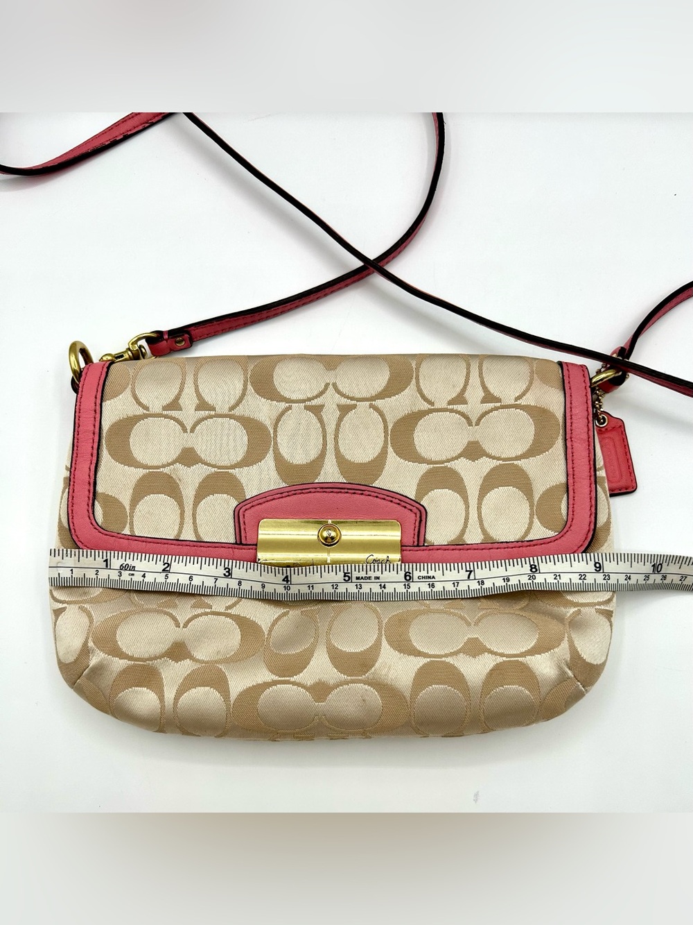 COACH Kristin Signature East/West Crossbody Bag- Khaki Canvas with Leather Trim. - Picture 13 of 16